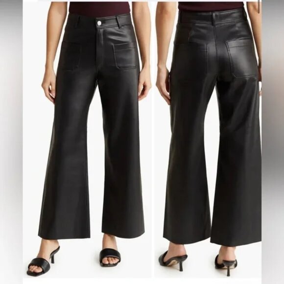 NEW NWOT INDUSTRY FAUX LEATHER WIDE LEG CROPPED PANTS RAW HEM PATCH POCKETS sz 6 - Picture 1 of 7
